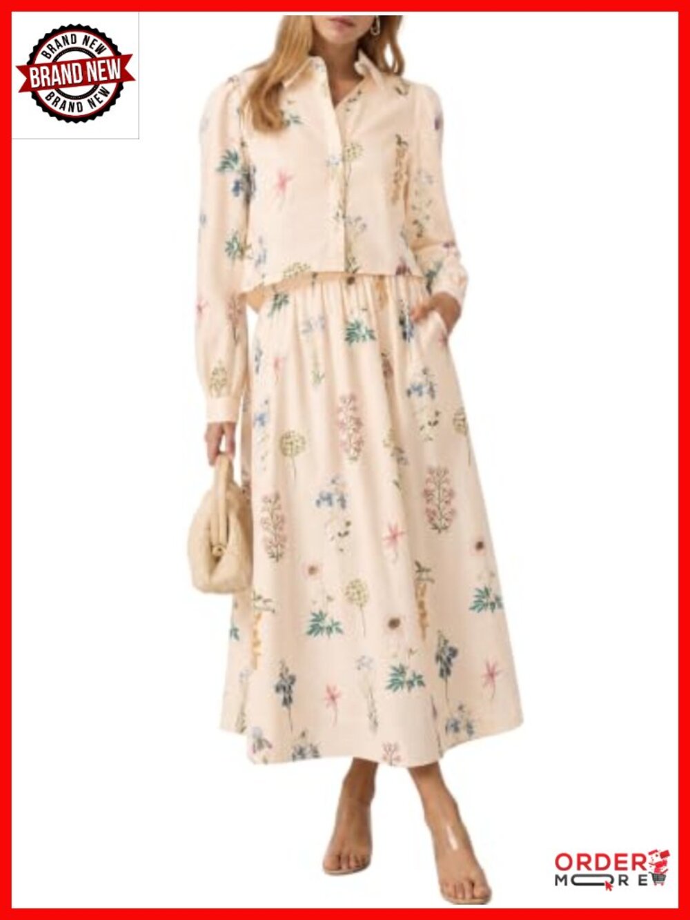 2 Piece Cropped Blouse and Maxi Skirt Set Floral Puff Sleeve